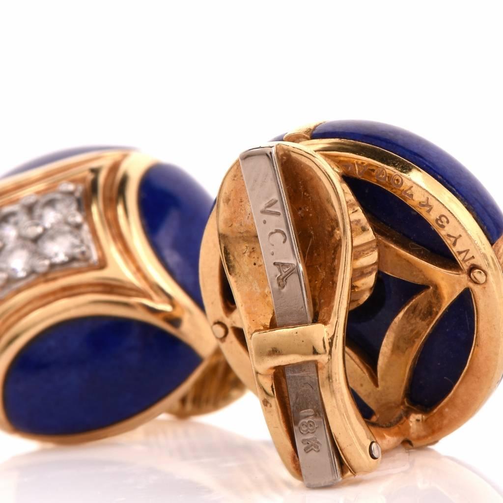 Women's Van Cleef & Arpels Cobalt Enamel Diamond Gold Clipback Earrings
