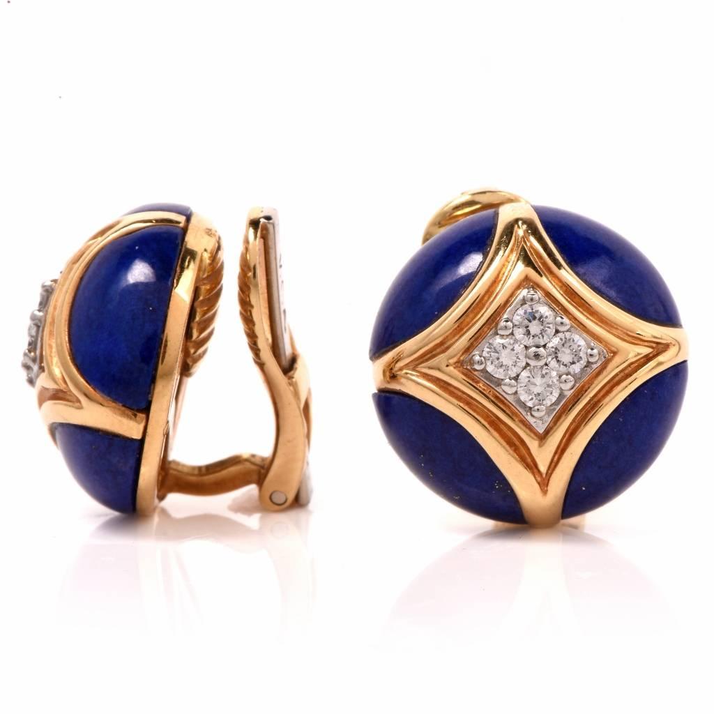 Van Cleef & Arpels Cobalt Enamel Diamond Gold Clipback Earrings In Excellent Condition In Miami, FL