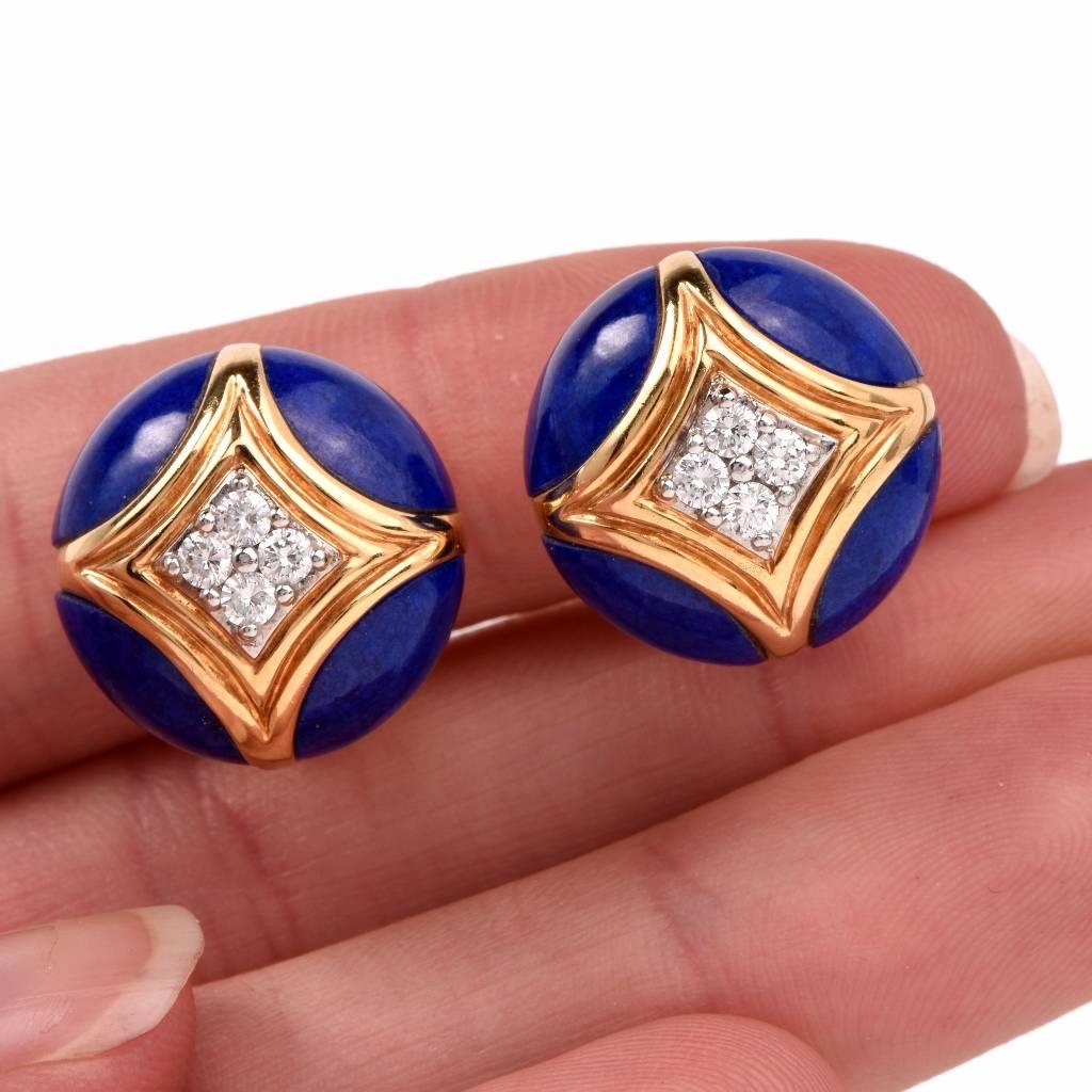 Van Cleef & Arpels Cobalt Enamel Diamond Gold Clipback Earrings 2