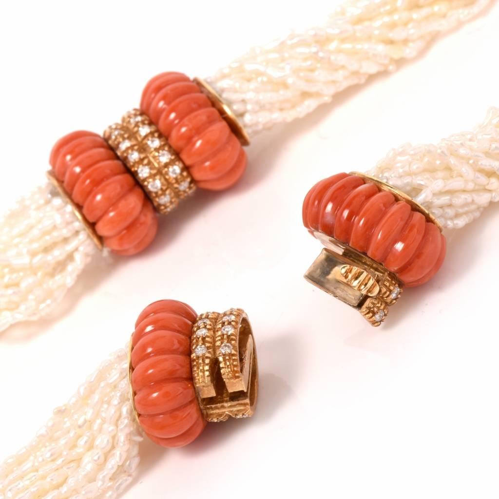 Multi-Strand Seed Pearl Necklace With Coral Diamond Gold Clasp In Excellent Condition In Miami, FL