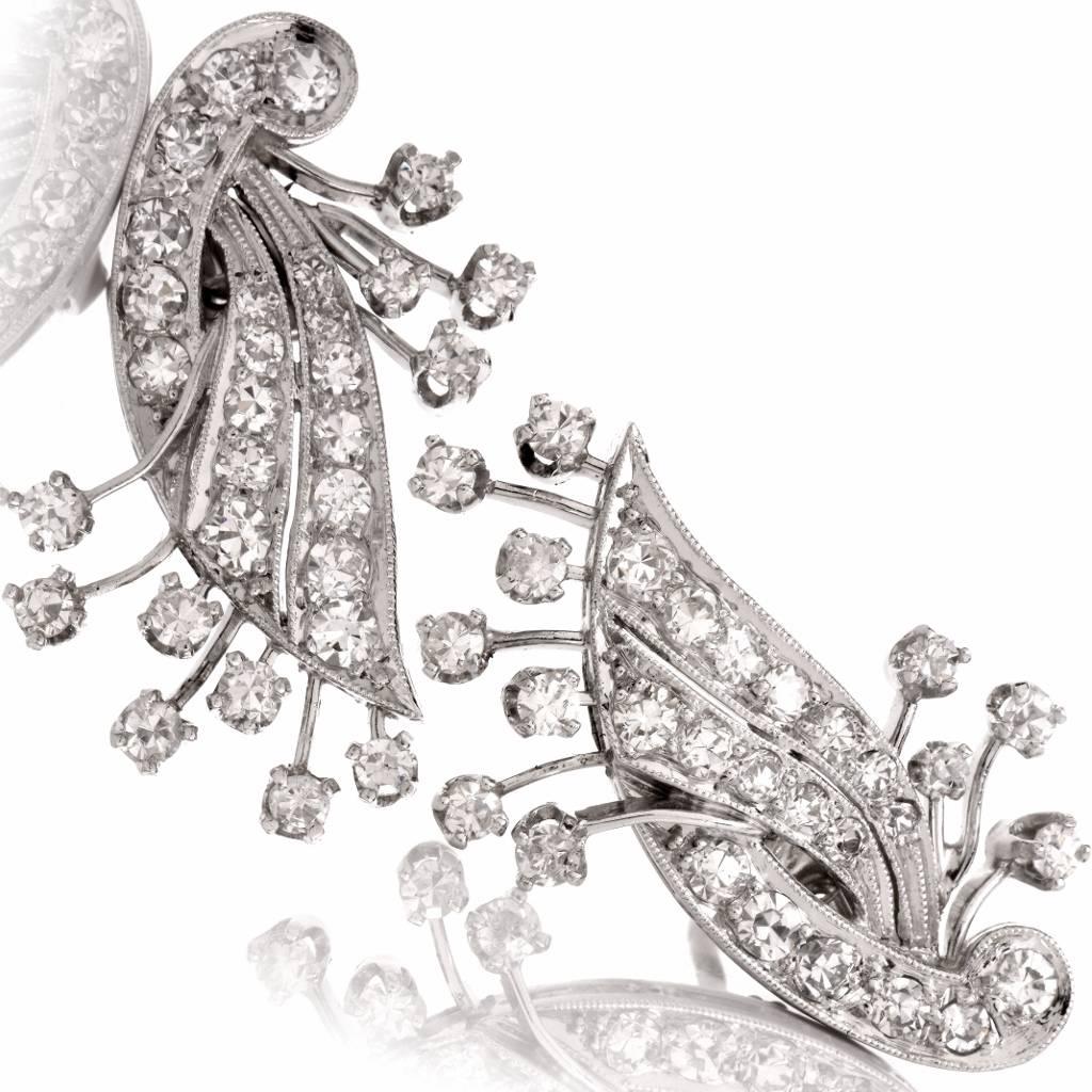 Diamond Platinum Floral Spray Filigree Earrings In Excellent Condition In Miami, FL