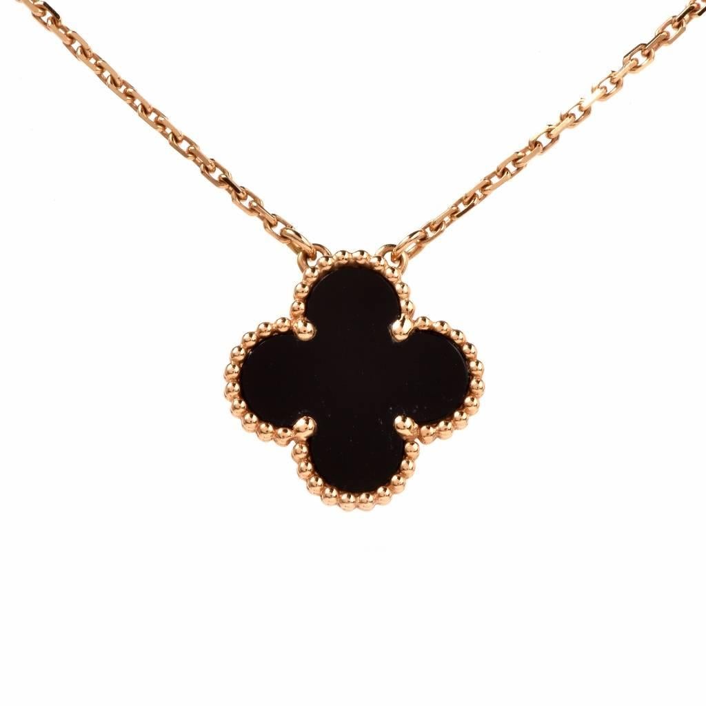 Van Cleef & Arpels Alhambra Onyx Gold Clover Pendant Necklace  1