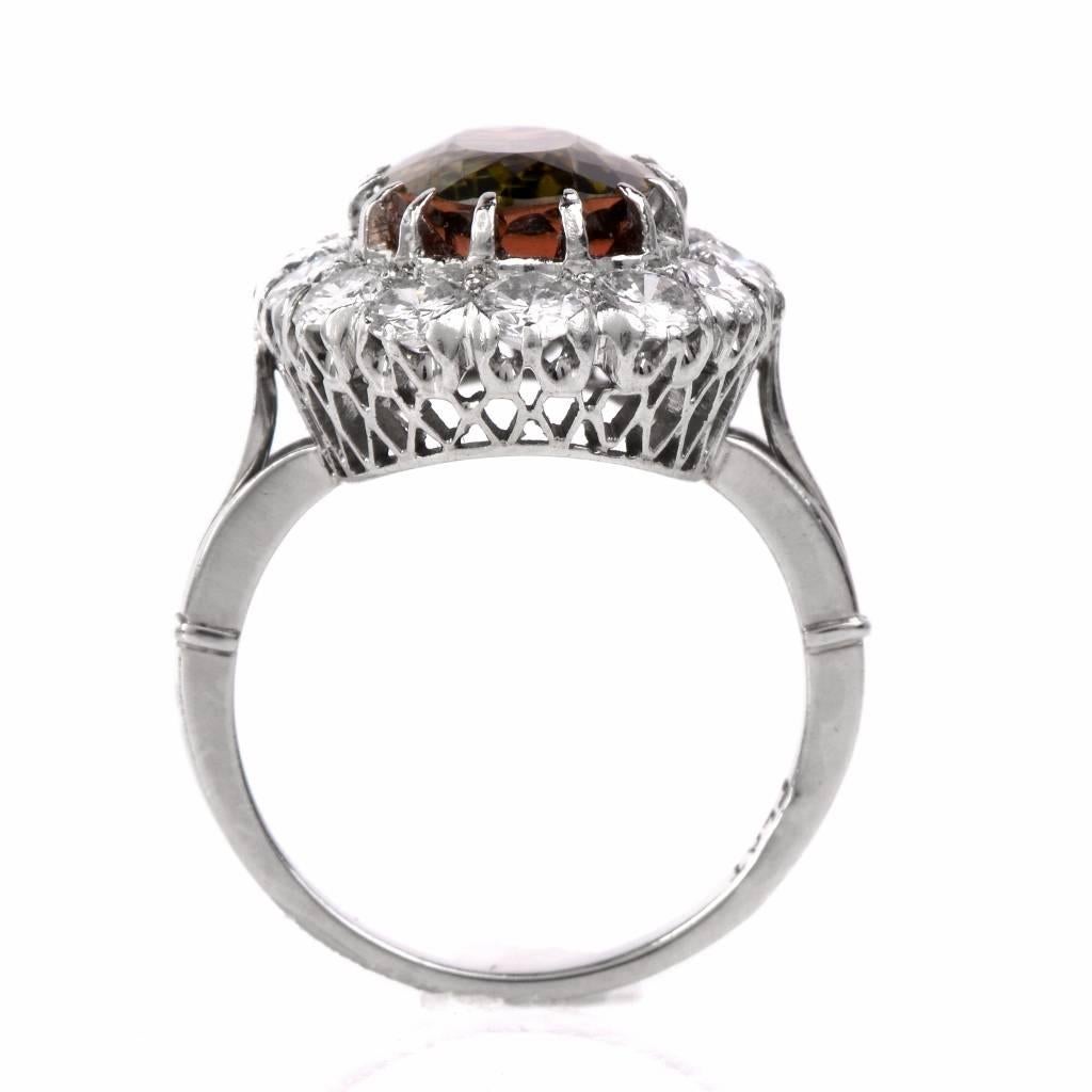 1950s Brown Pink Tourmaline Diamond Platinum Ring In Excellent Condition In Miami, FL
