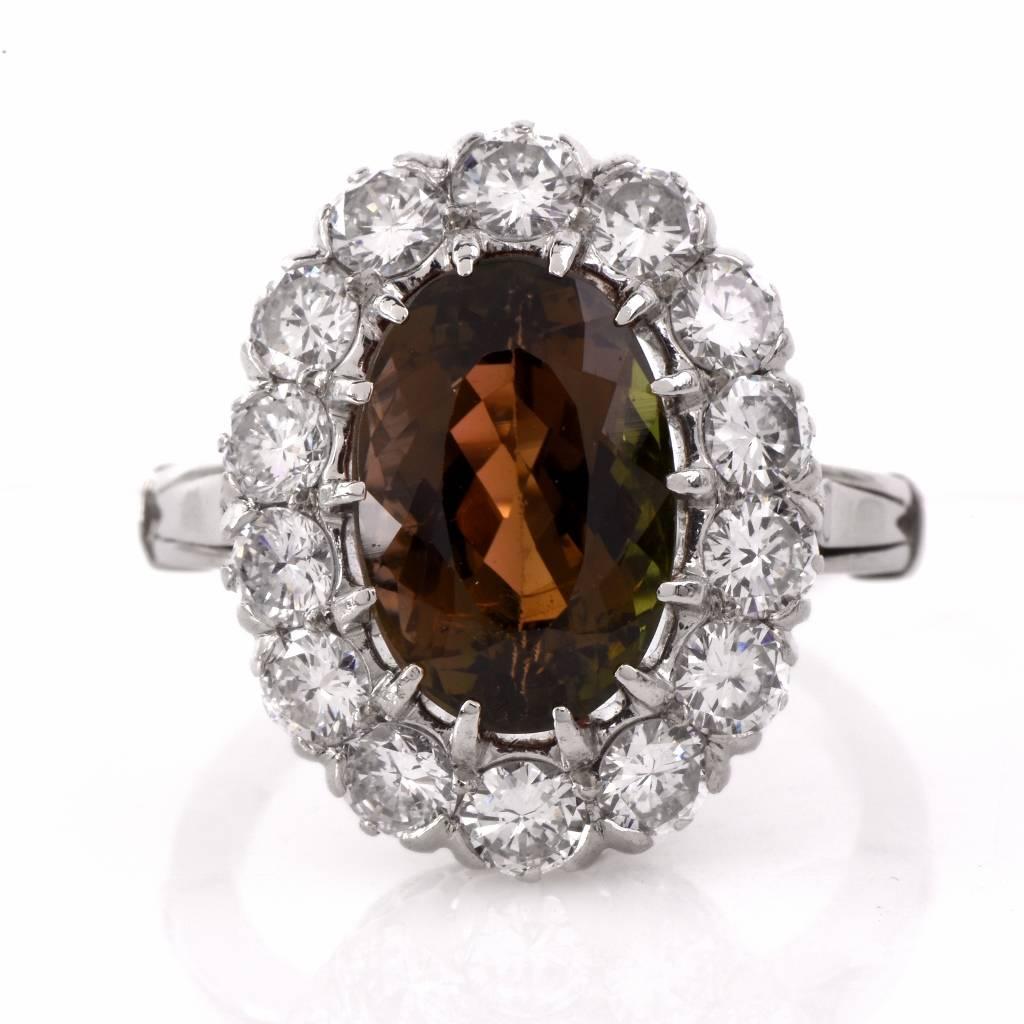 Contemporary 1950s Brown Pink Tourmaline Diamond Platinum Ring