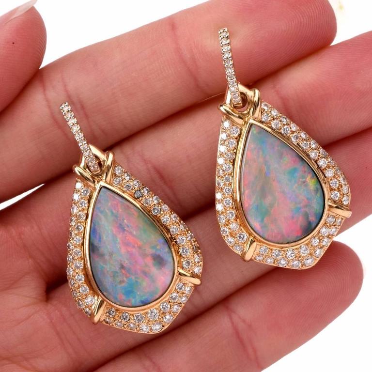 Opal Diamond Gold Pendant Earrings 3