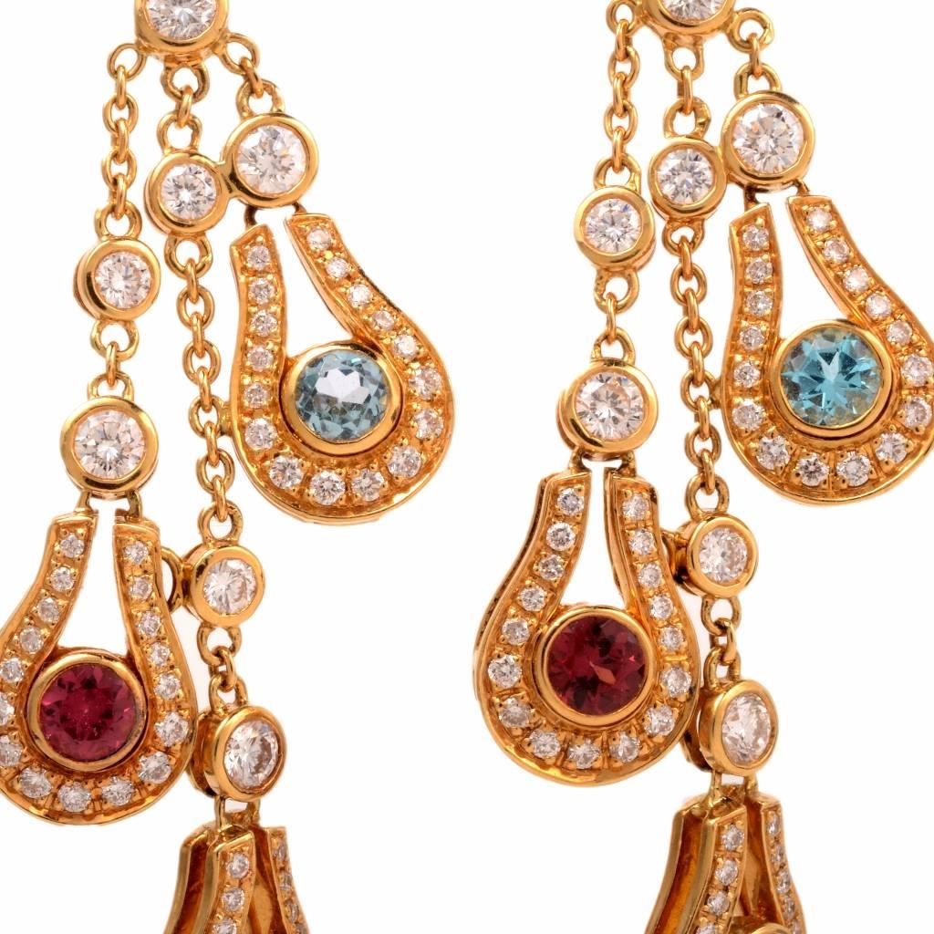 Dimodolo Multi Gem Diamond Gold Chandelier Earrings In Excellent Condition In Miami, FL
