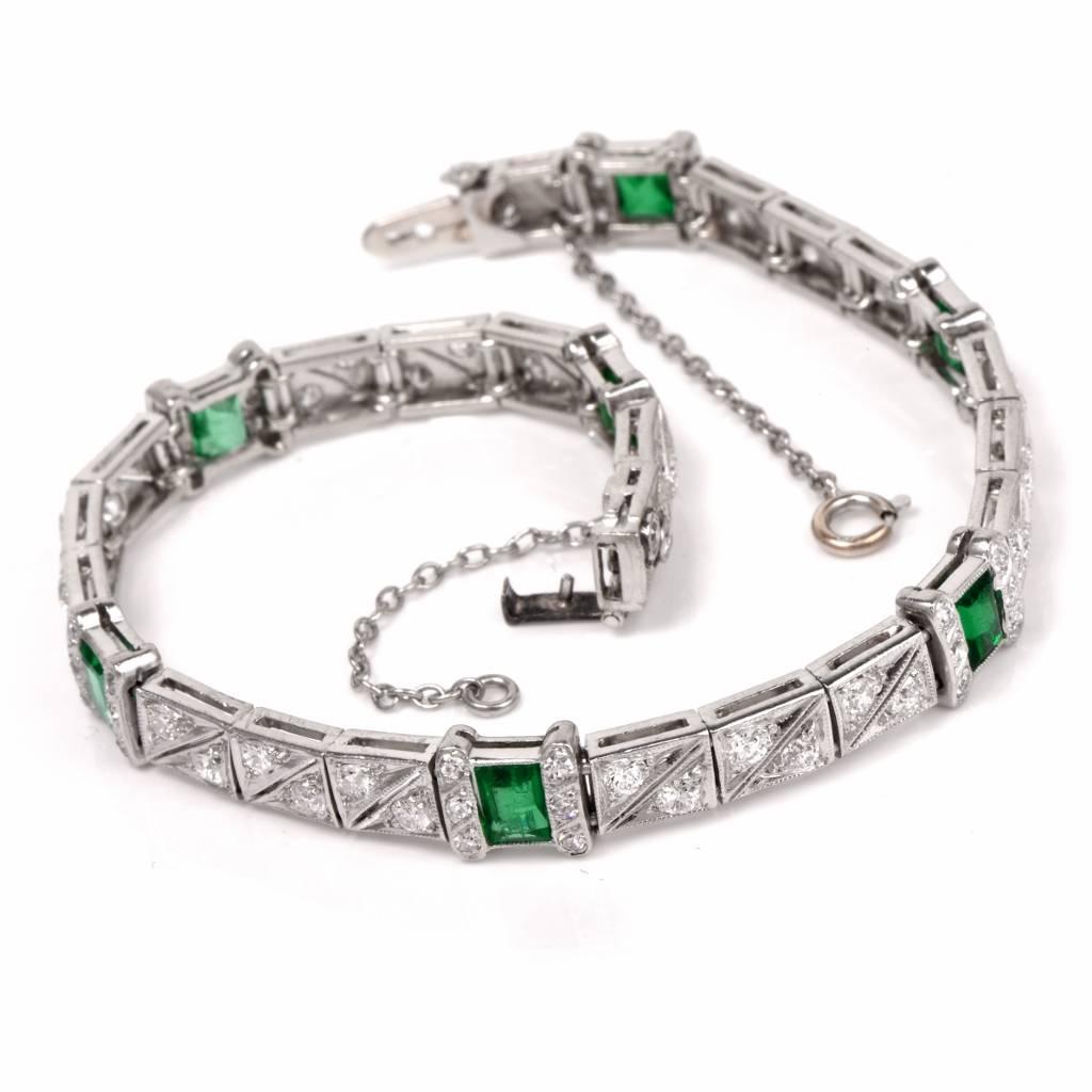 Art Deco Emerald Diamond Platinum Bracelet In Excellent Condition In Miami, FL