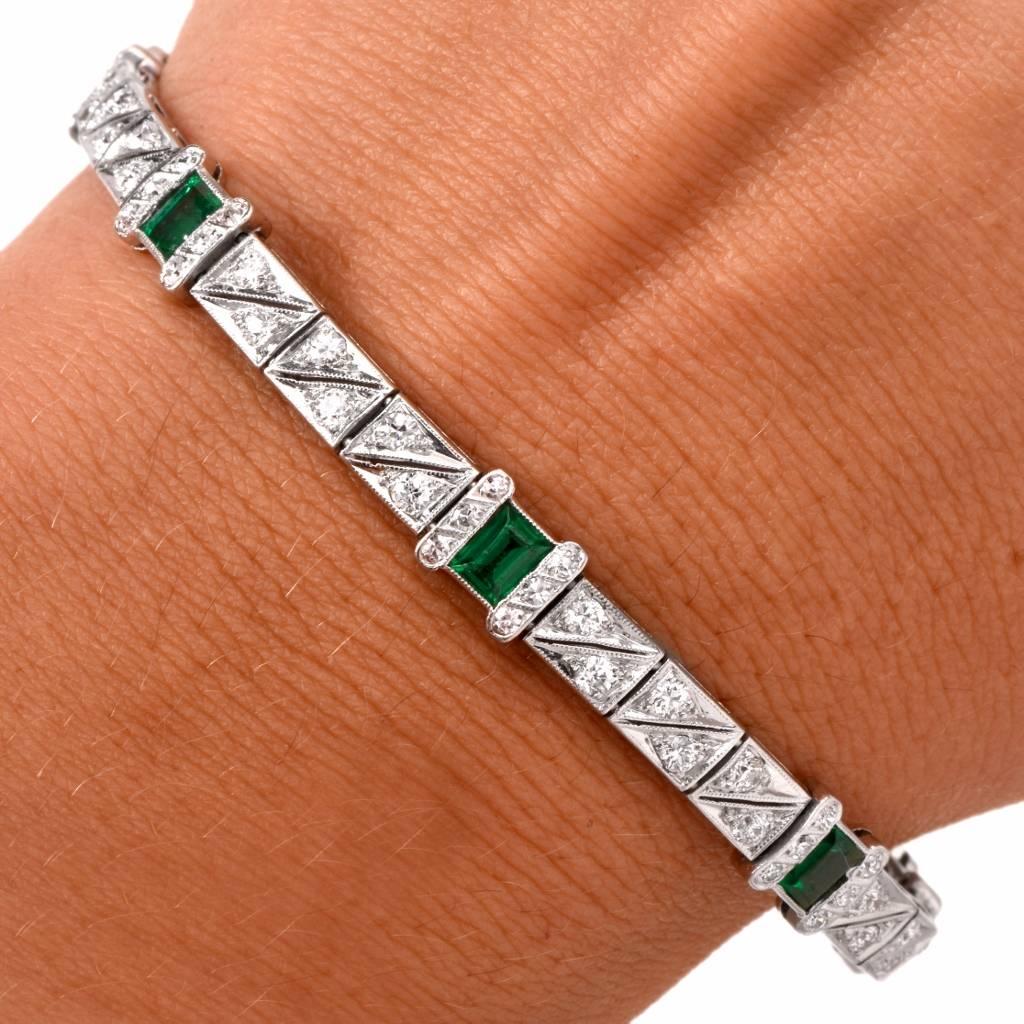 Art Deco Emerald Diamond Platinum Bracelet 1