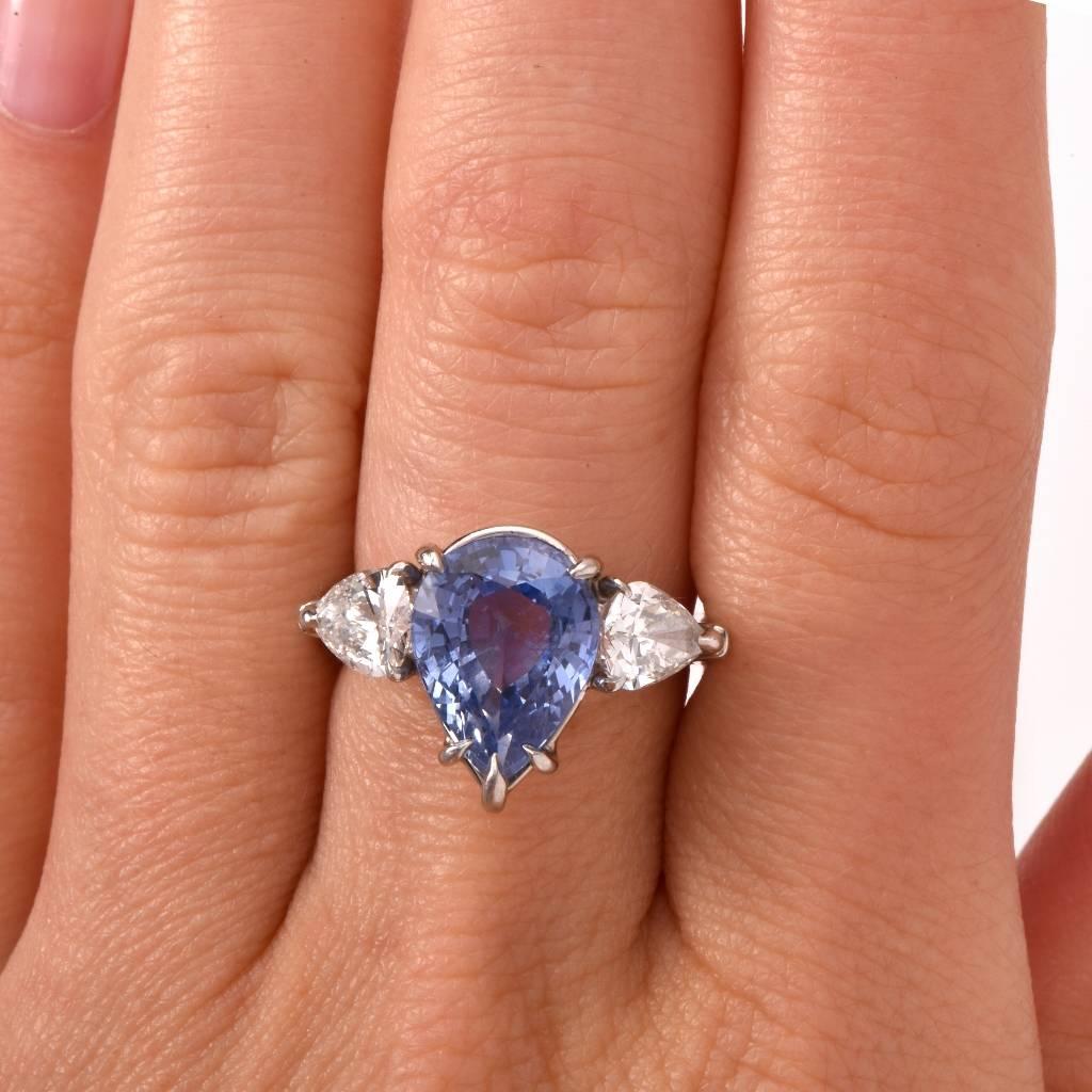 Ceylon Sapphire Diamond Platinum Three-Stone Ring 4