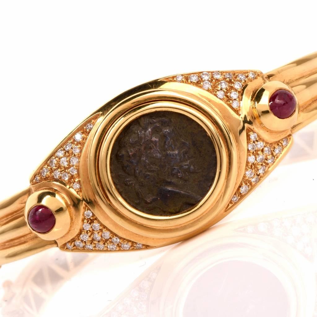 Modern Ruby Diamond Gold Roman Coin Bangle Bracelet