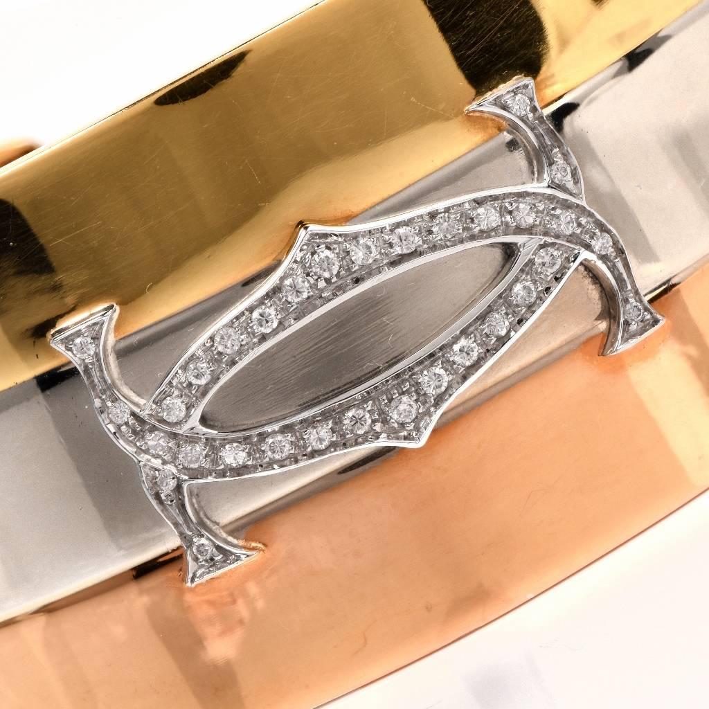 Diamond Three Color Gold Wide Cuff Bangle Bracelet 2