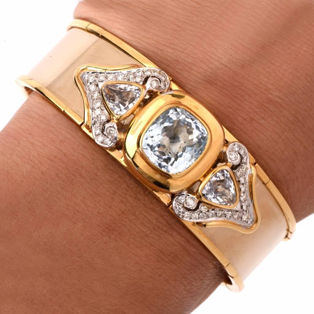 Women's Chic  Aquamarine Diamond Gold Cuff Bracelet
