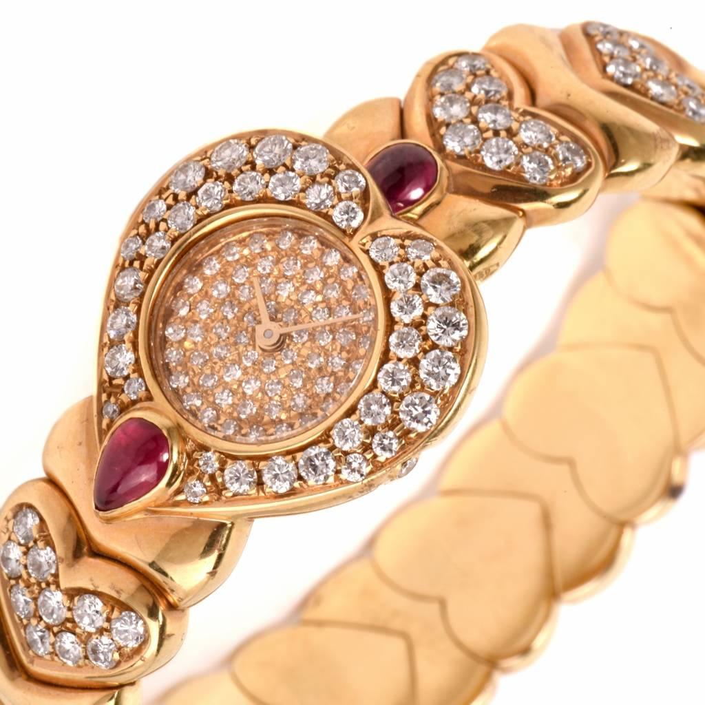Ladies Yellow Gold Diamond Ruby Heart-Shaped Quartz Bracelet Wristwatch In Excellent Condition In Miami, FL
