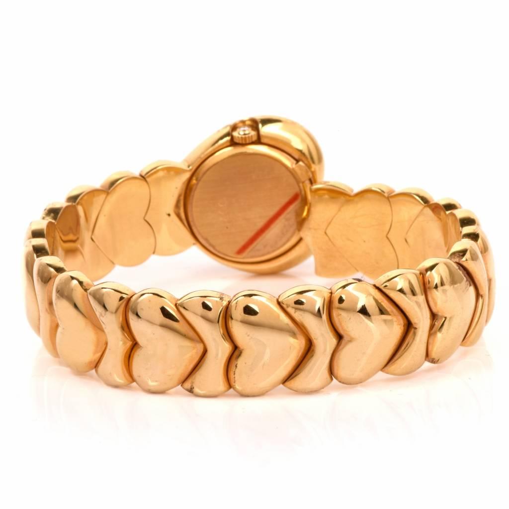 Women's Ladies Yellow Gold Diamond Ruby Heart-Shaped Quartz Bracelet Wristwatch