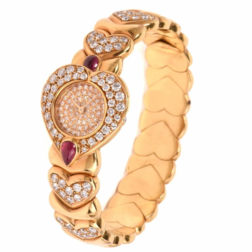 Round Cut Ladies Yellow Gold Diamond Ruby Heart-Shaped Quartz Bracelet Wristwatch