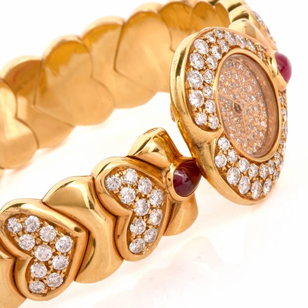 Ladies Yellow Gold Diamond Ruby Heart-Shaped Quartz Bracelet Wristwatch 1