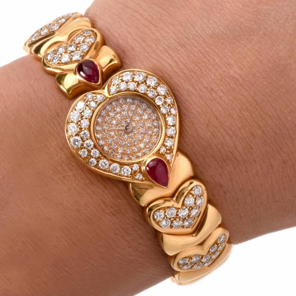 Ladies Yellow Gold Diamond Ruby Heart-Shaped Quartz Bracelet Wristwatch 3