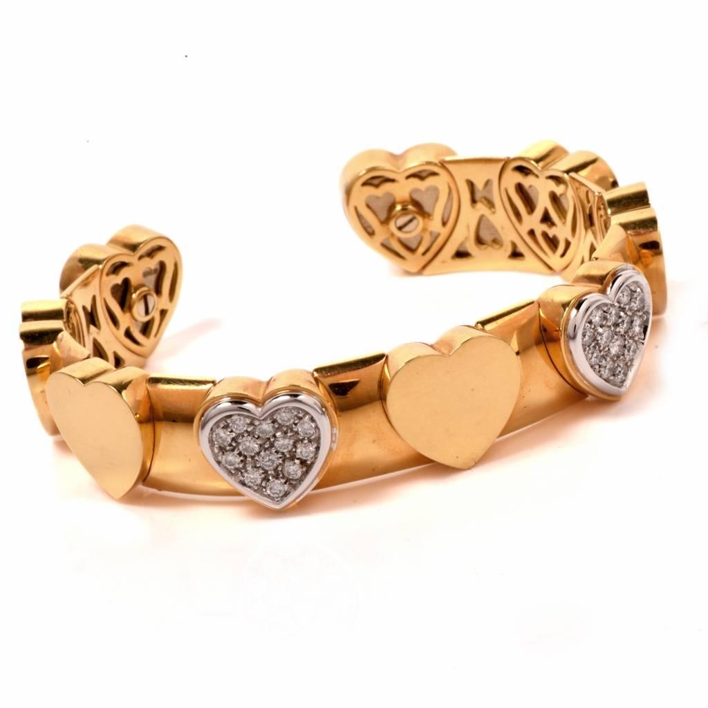 Modern Diamond Gold Heart Motif Bangle Cuff Bracelet