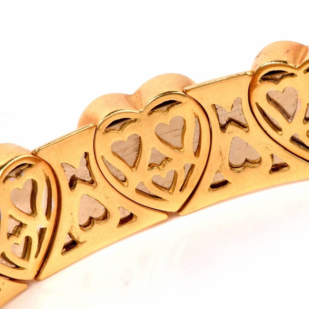 Women's Diamond Gold Heart Motif Bangle Cuff Bracelet