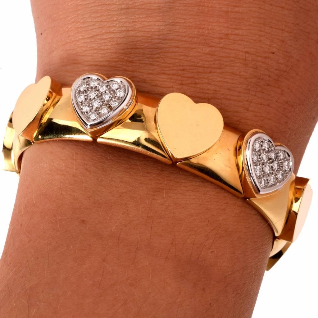 Diamond Gold Heart Motif Bangle Cuff Bracelet 1