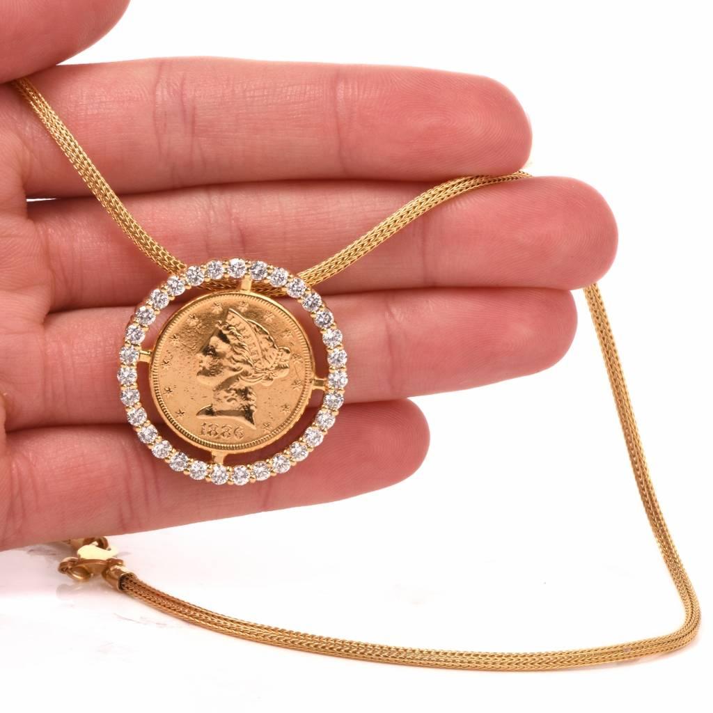 American Eagle $5 Liberty Coin Diamond Gold Frame Pendant Necklace In Excellent Condition In Miami, FL