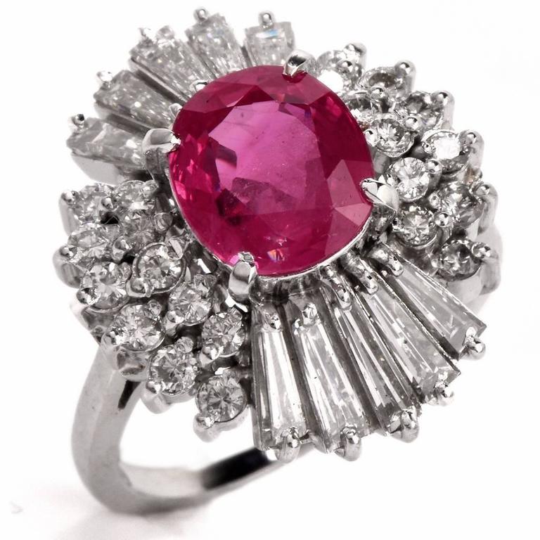 Ruby Baguette Diamond Platinum Ballerina Ring For Sale at 1stdibs