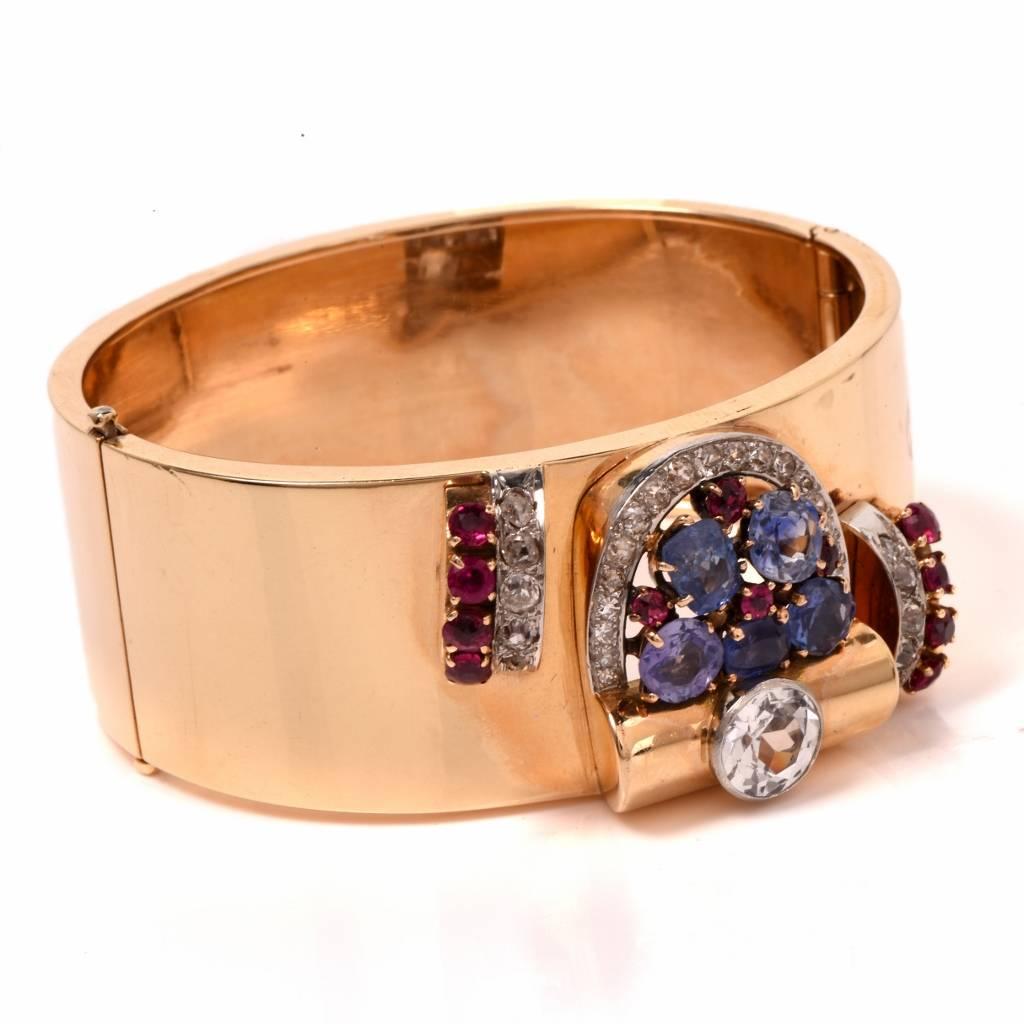 Women's Retro Sapphire Ruby Diamond Gold Bangle Bracelet