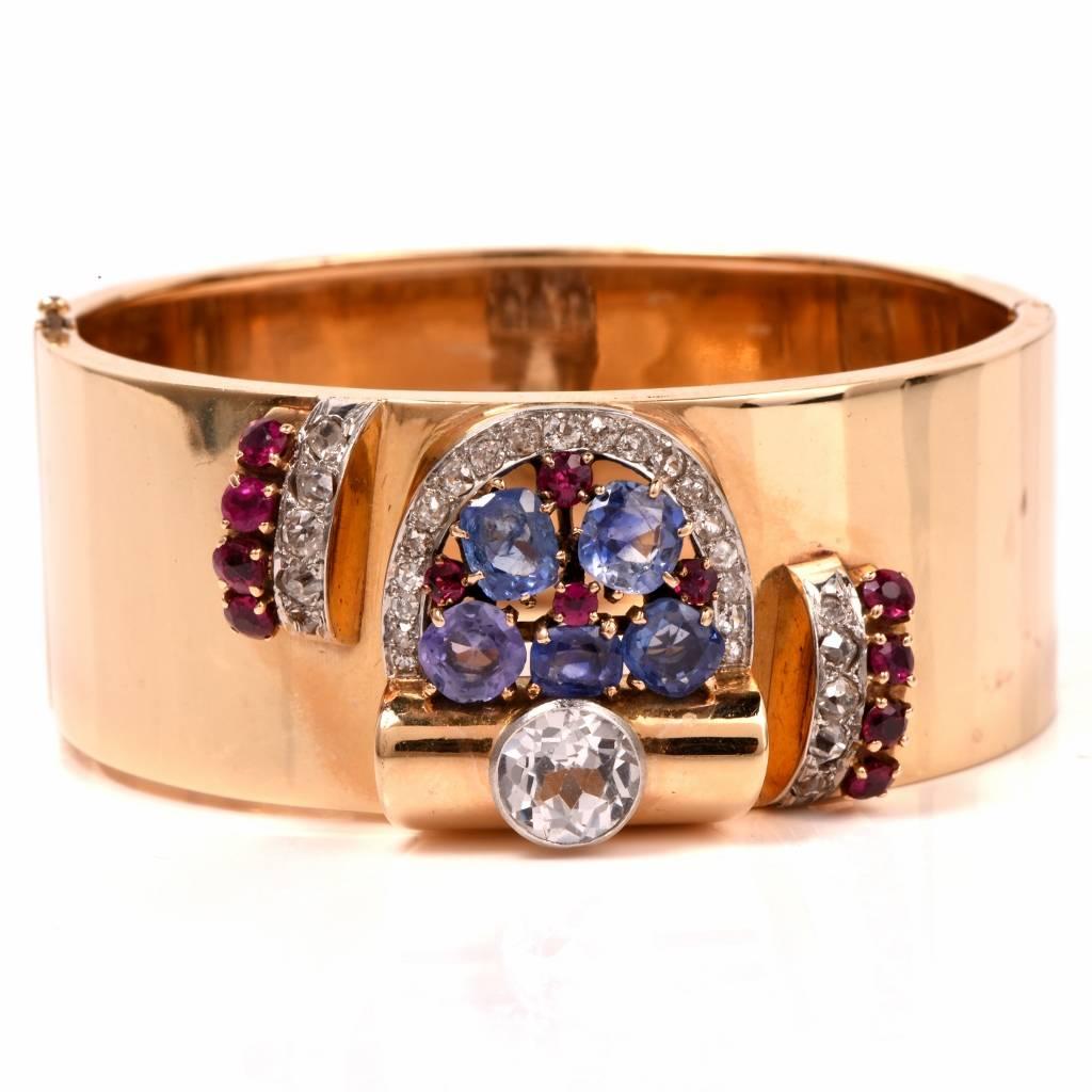 Retro Sapphire Ruby Diamond Gold Bangle Bracelet In Excellent Condition In Miami, FL