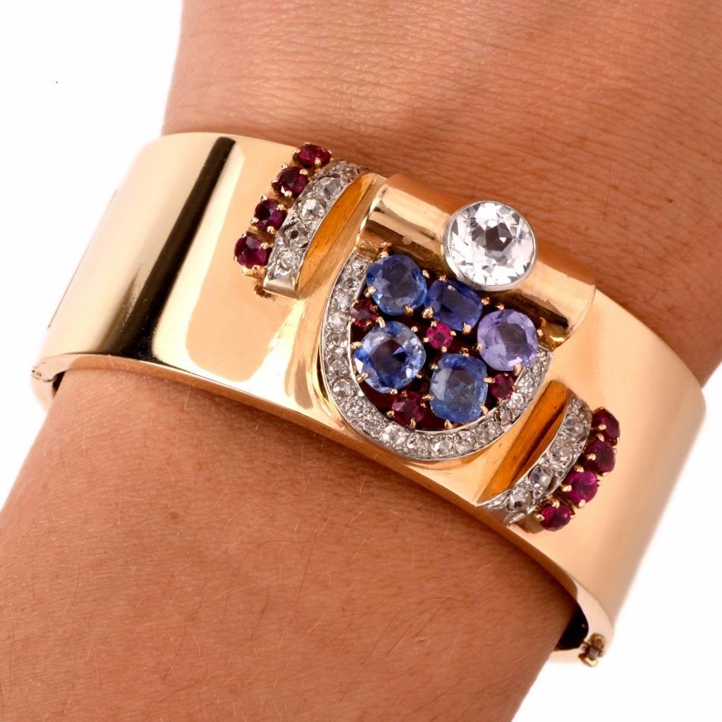 Retro Sapphire Ruby Diamond Gold Bangle Bracelet 3