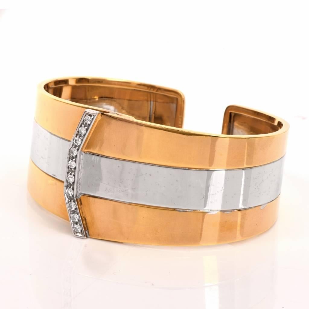 Rendered in two beautiful 18K Gold tones with three horizontal stripes, this cuff bracelet is embellished with a fine diamond line decor overlap, weighing 0.30ct graded H-I color and VS1-VS2 clarity, pave-set, round cut. This stylish cuff bracelet