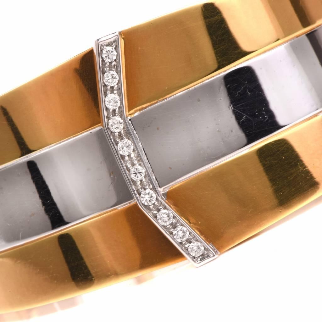 Diamond Two Color Gold Cuff Bangle Bracelet In Excellent Condition In Miami, FL