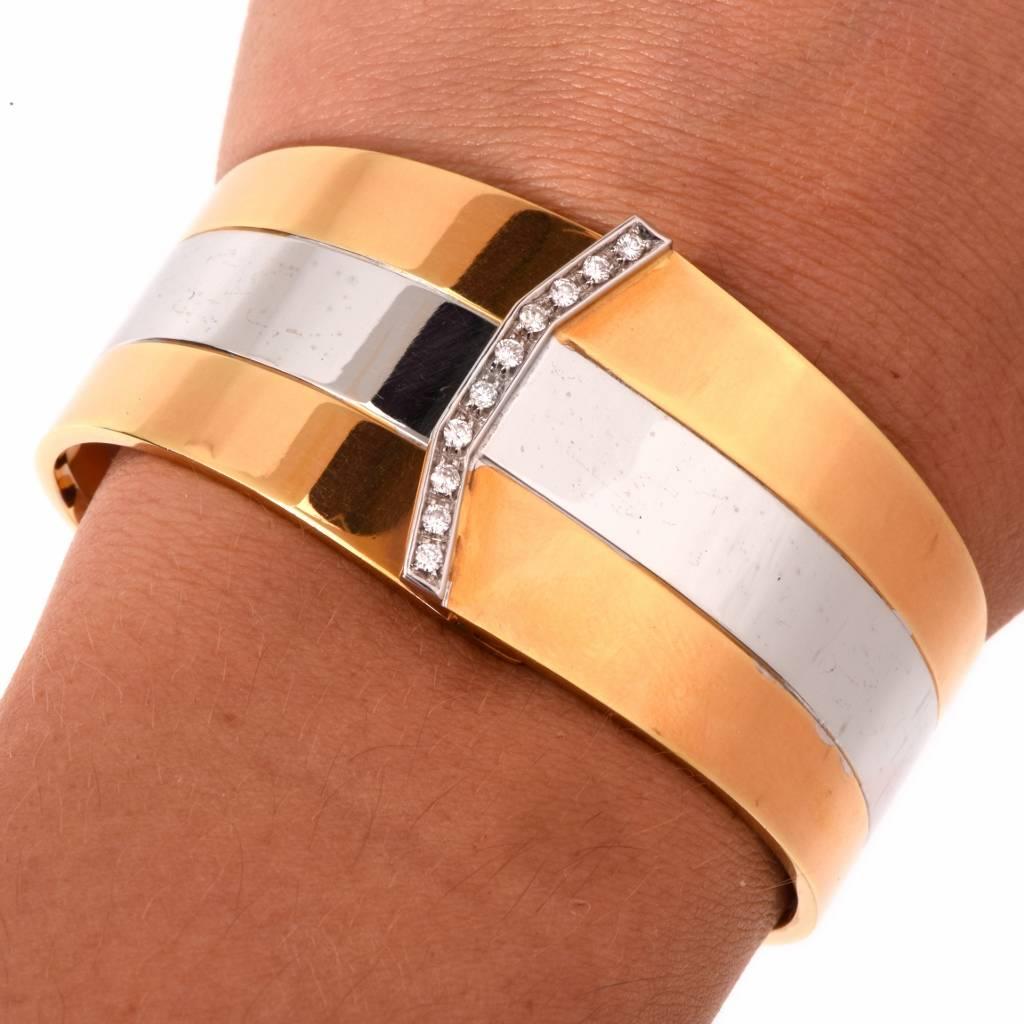 Diamond Two Color Gold Cuff Bangle Bracelet 1