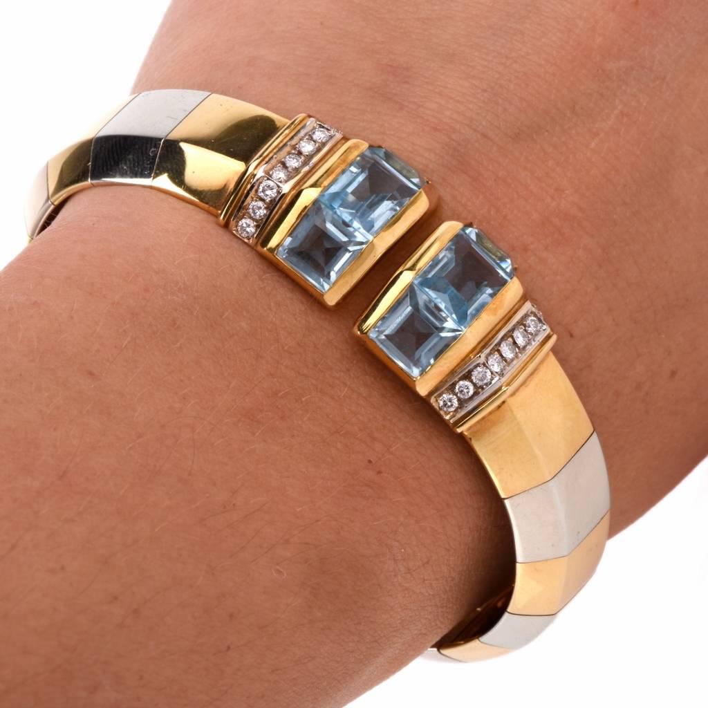 Round Cut Stylish Blue Topaz Diamond 18k Gold Cuff Bangle Bracelet