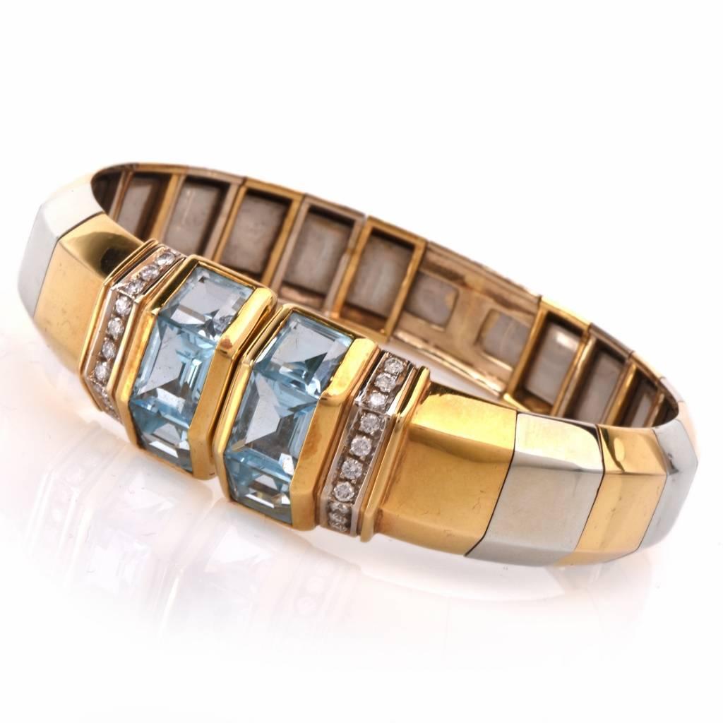 This  sparkling cuff bracelet crafted in solid  high polish 18K yellow gold. It is showcasing a geometric cuff design, featuring 6 square step cut blue topaz stones approx: 8.30cttw, channel set and accented with 20 genuine round cut Diamonds