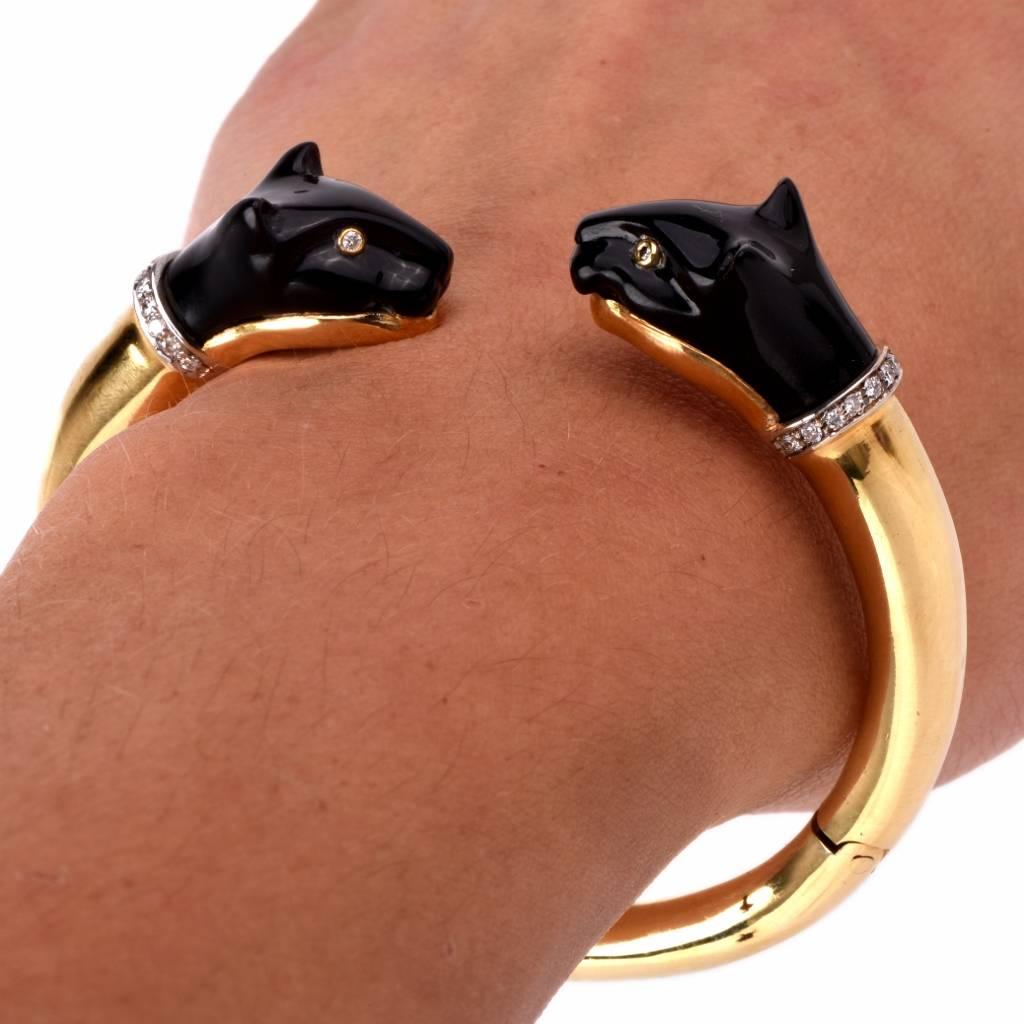Women's 1990s Onyx Coral Gold Panther Cuff Bangle Bracelet