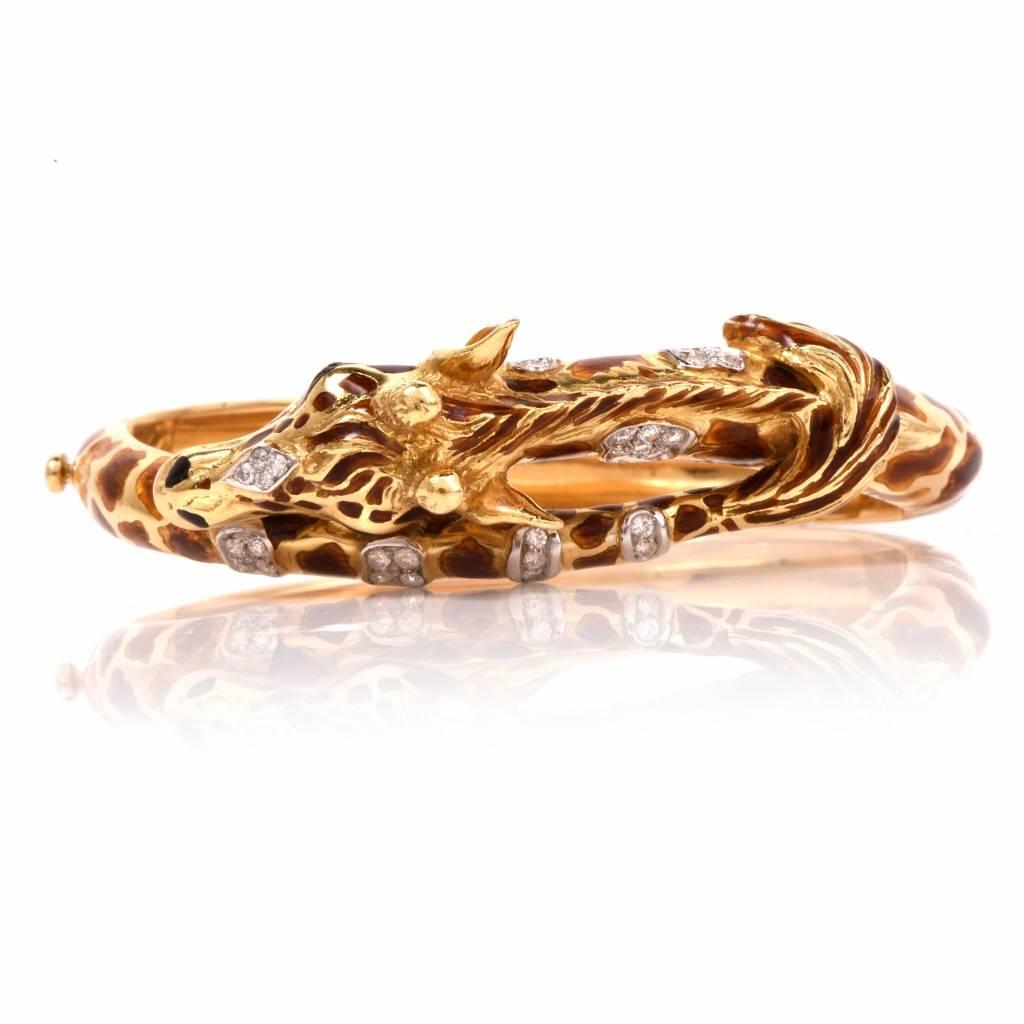 This stunning 18K yellow gold bangle bracelet. Showcasing a detailed giraffe motif design that's covered with brown Italian enamel set with approx. 35 genuine round cut vibrant diamonds approx: 0.90 cts  G-H color, VS1 clarity, prong set. This