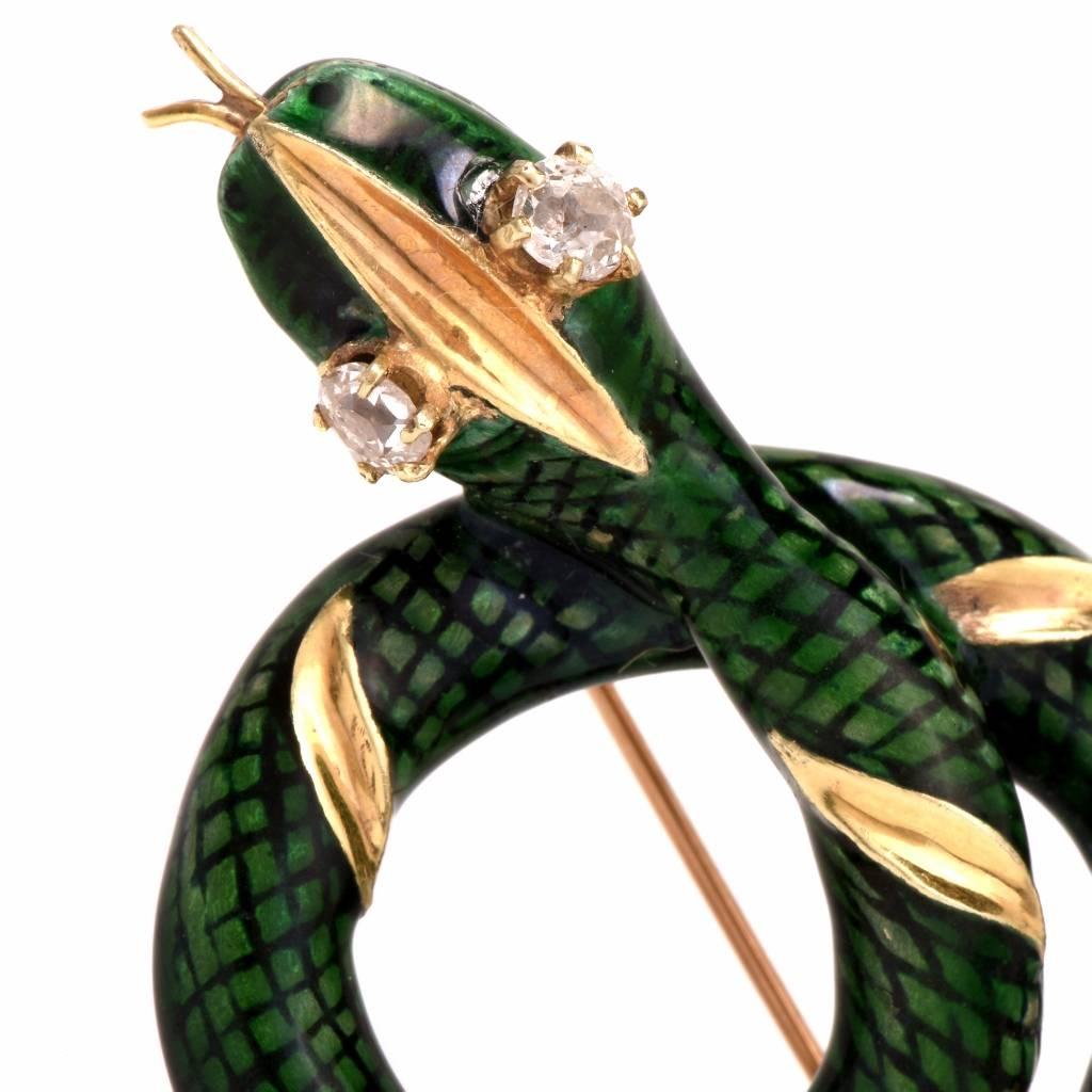 Retro 1950s Enamel Diamond Gold Snake Brooch Pin