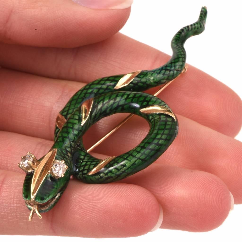 1950s Enamel Diamond Gold Snake Brooch Pin 3