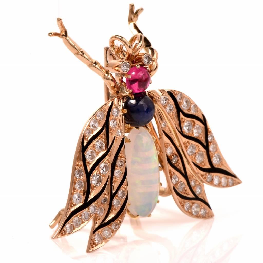 Modern Lively  Opal Diamond Gold Bee Pin