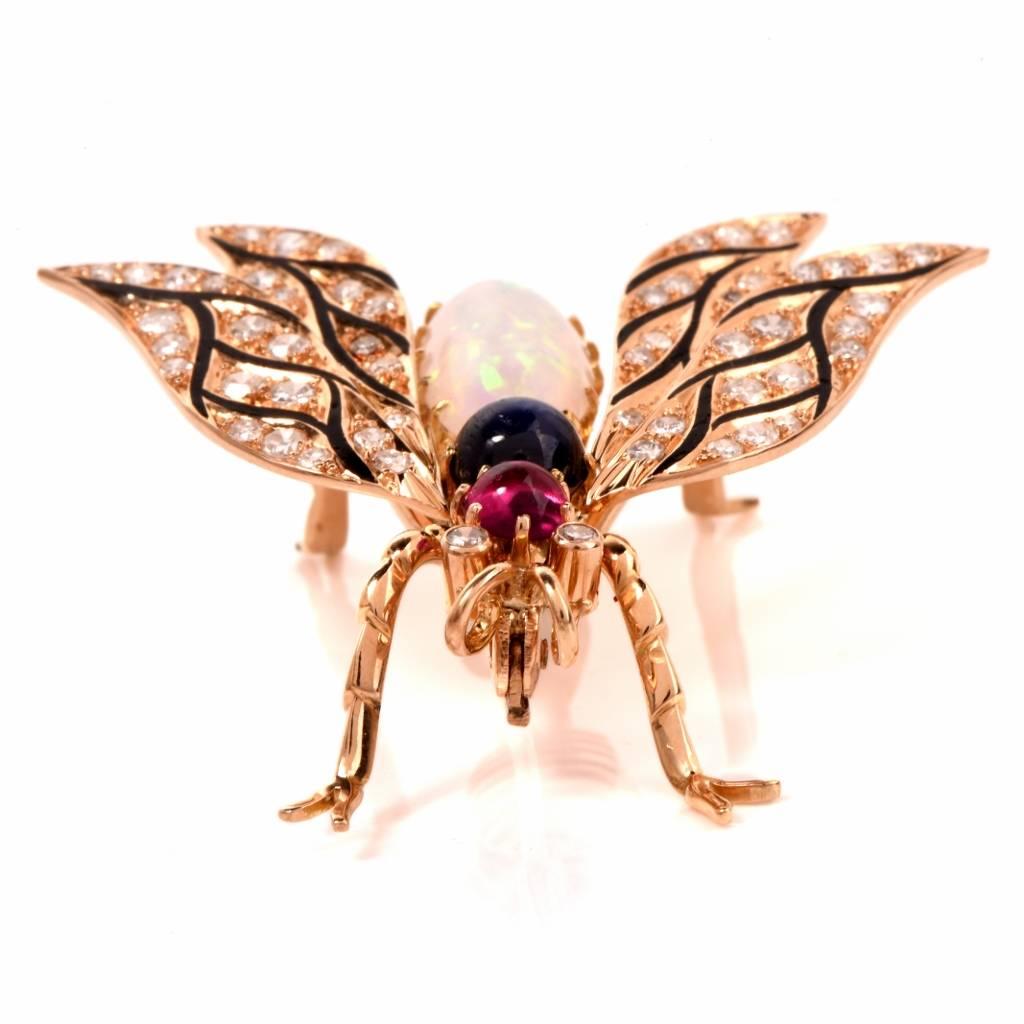 Lively  Opal Diamond Gold Bee Pin In Excellent Condition In Miami, FL