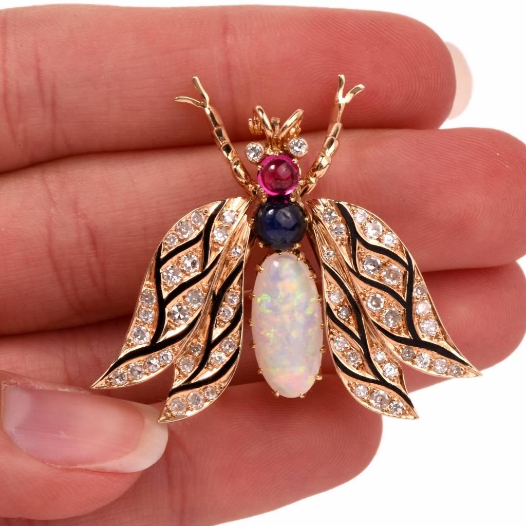 Lively  Opal Diamond Gold Bee Pin 2