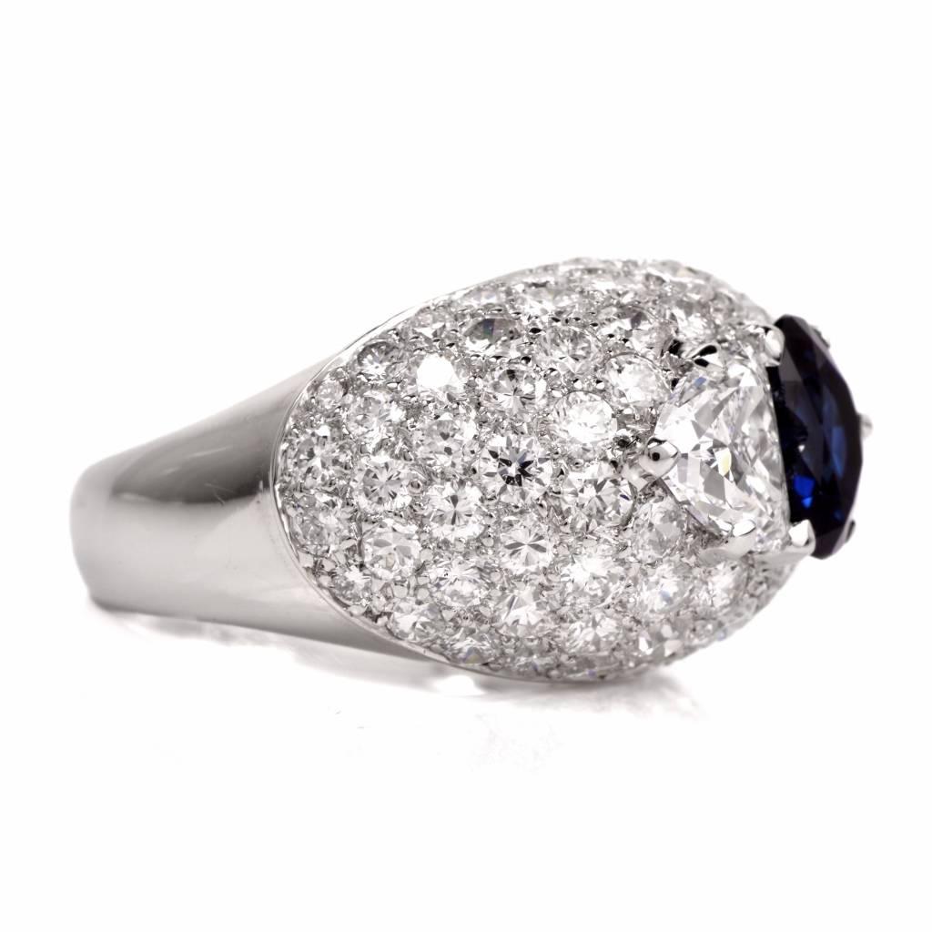 Sapphire Diamond Platinum Cluster Dome Heart Ring 1