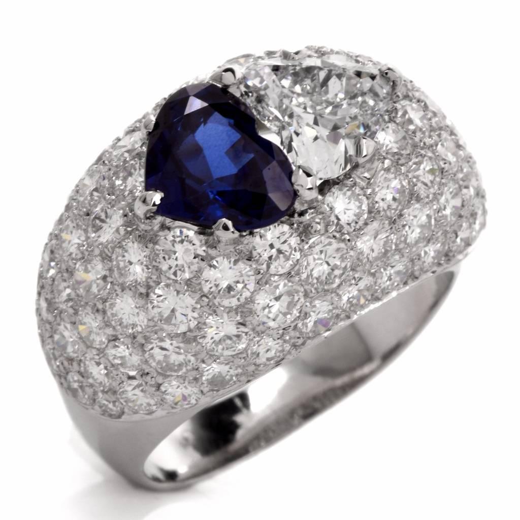 Modern Sapphire Diamond Platinum Cluster Dome Heart Ring