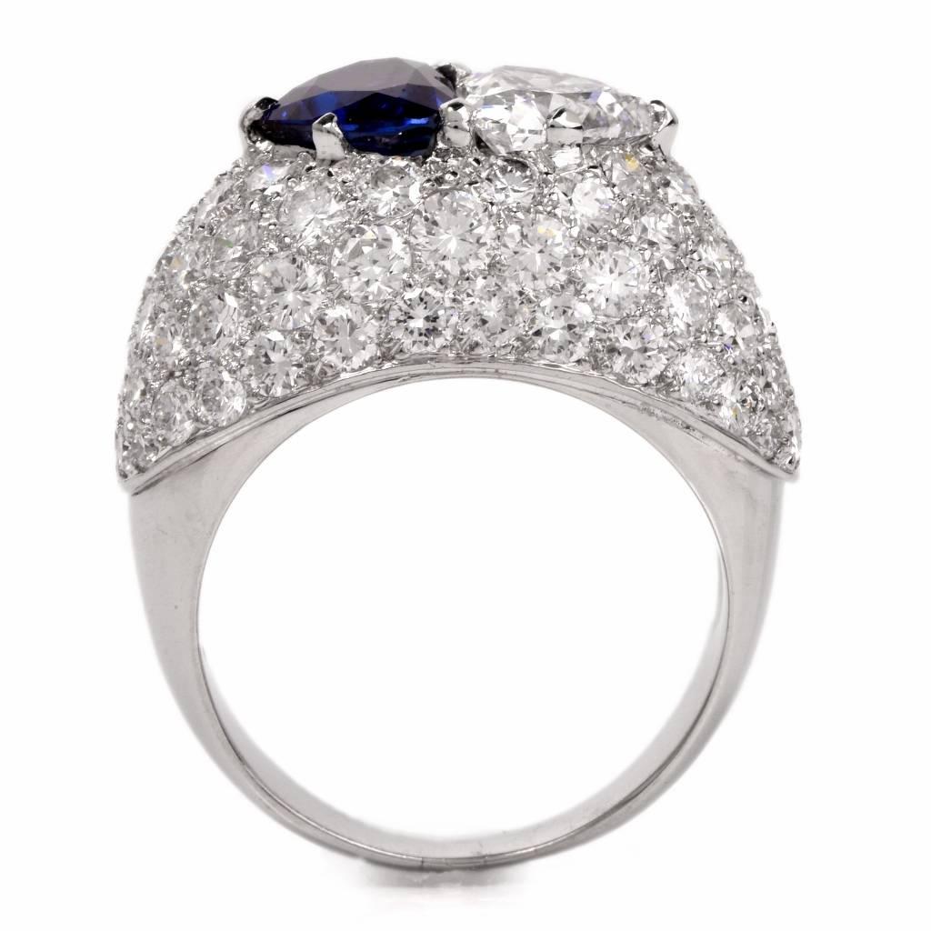 Sapphire Diamond Platinum Cluster Dome Heart Ring In Excellent Condition In Miami, FL