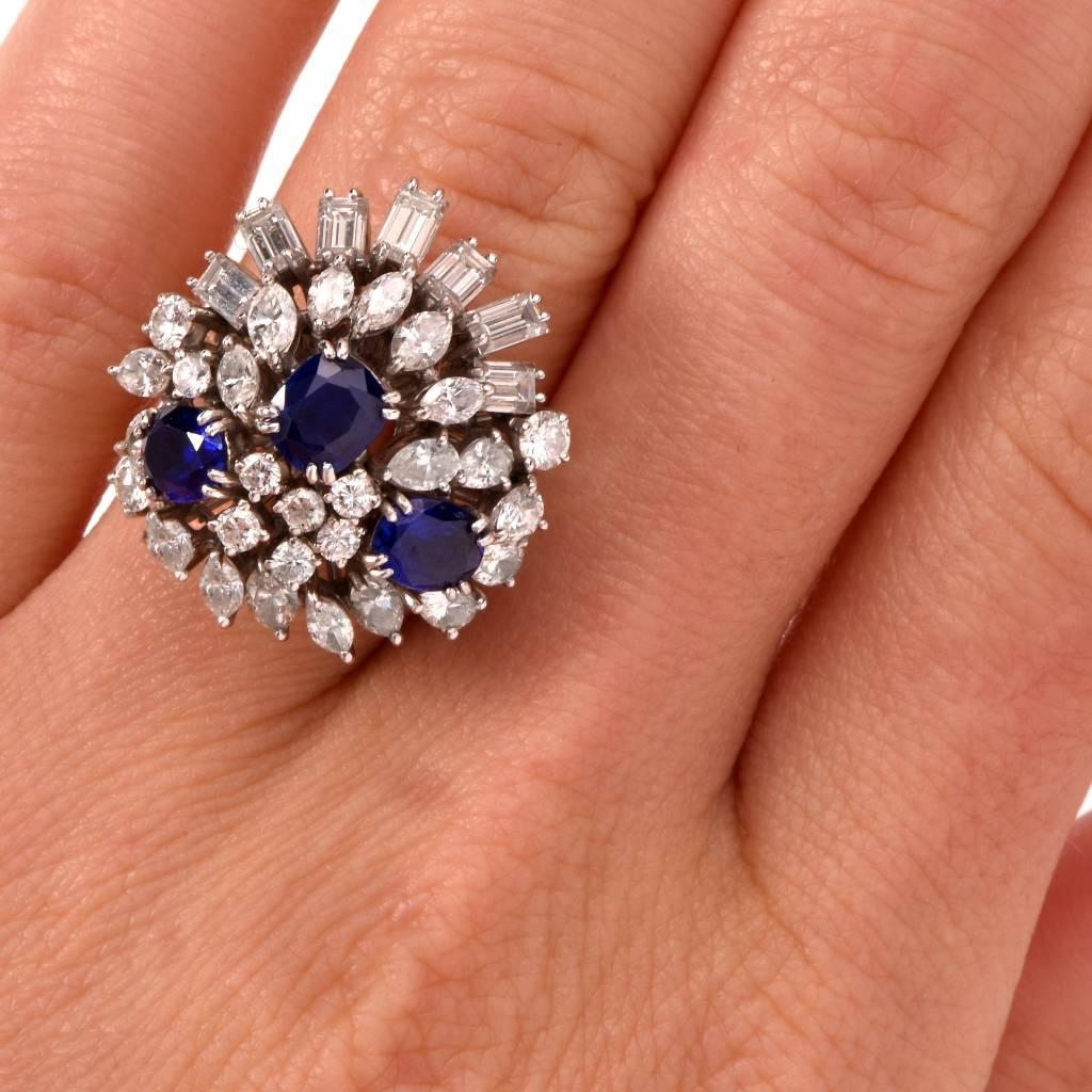 1960s Sapphire Diamond Gold Cluster Ring 4