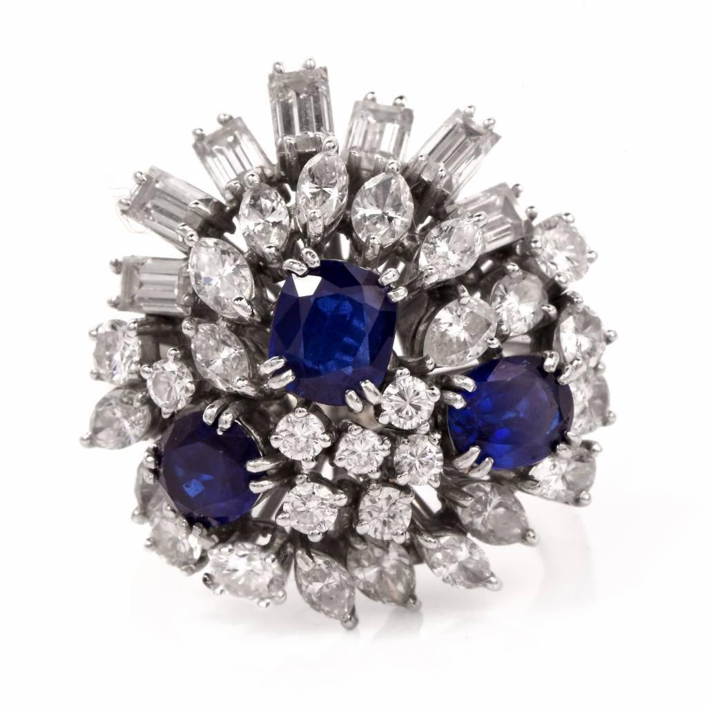 1960s Sapphire Diamond Gold Cluster Ring In Excellent Condition In Miami, FL