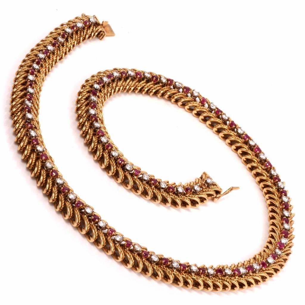 1950s Retro Ruby Diamond Gold Necklace 1