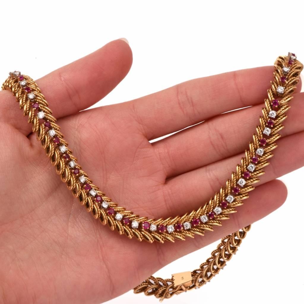 1950s Retro Ruby Diamond Gold Necklace 2