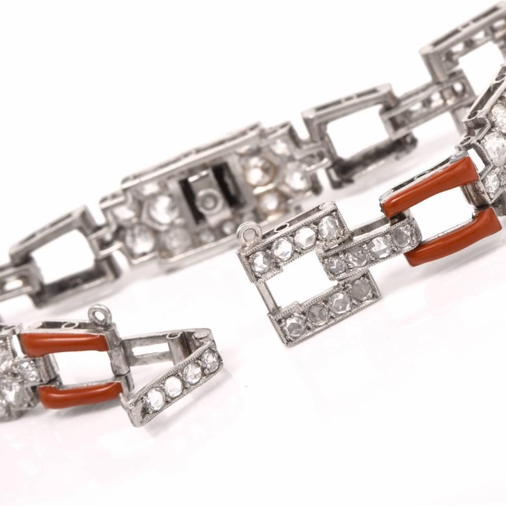  Art Deco Coral Onyx  Diamond Platinum Bracelet 1