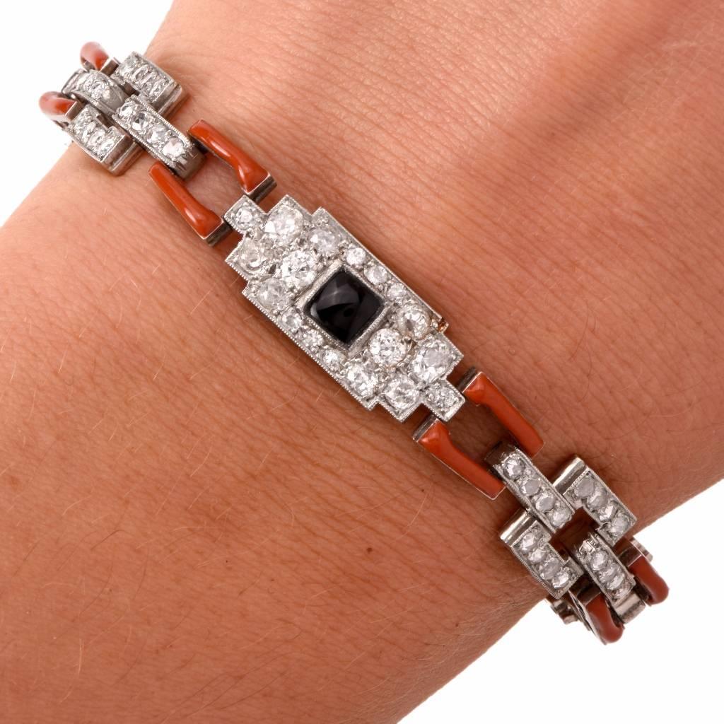 Women's or Men's  Art Deco Coral Onyx  Diamond Platinum Bracelet